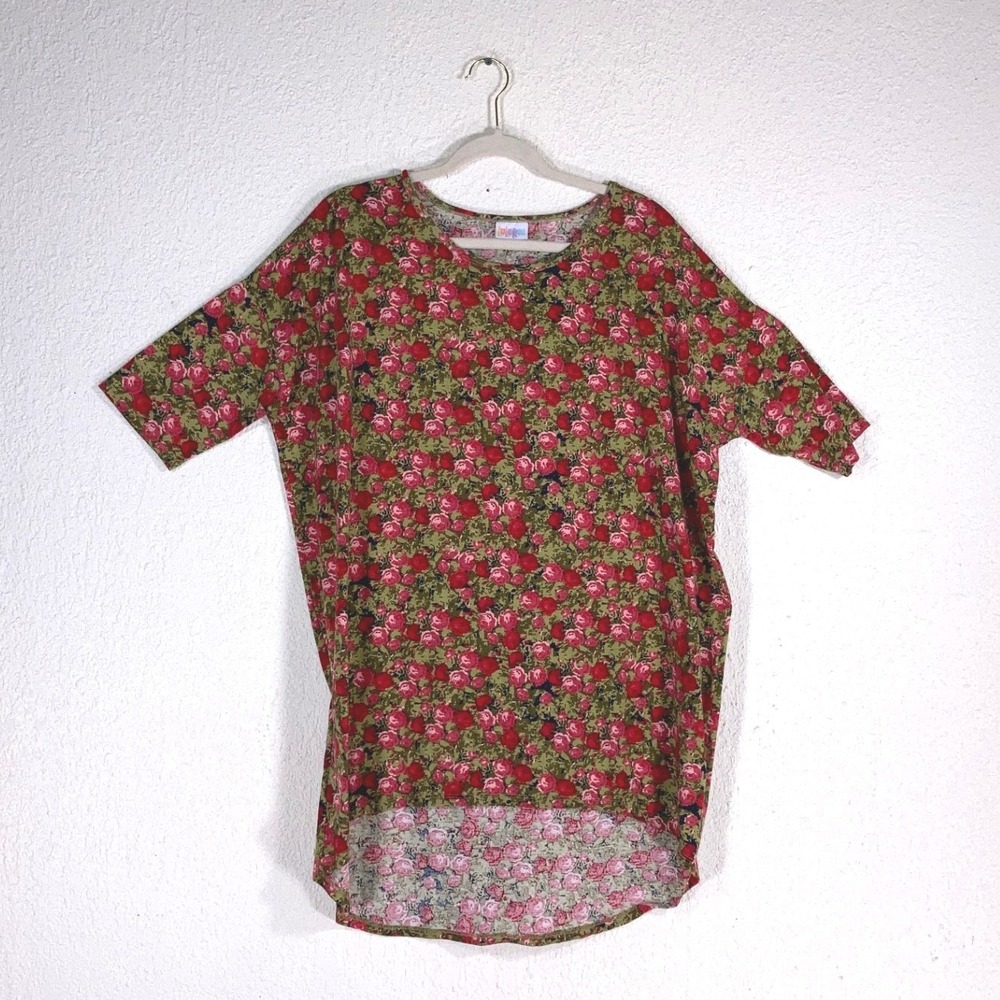 LuLaRoe Irma Tunic Top Medium Green Pink Floral High Low Short Sleeve JC001